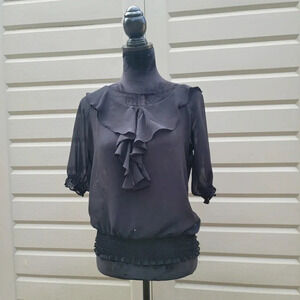 a.n.a. New Aproach Ladies Short Sleeve Black Sheer Ruffle Blouse Sz M Medium